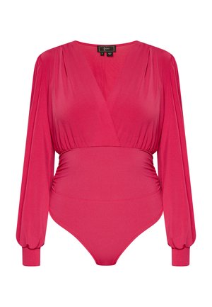 Fuksijaste dolgi rokav bodysuit z globokim V-izreza in zbranim pasom. Gladka, raztegljiva tkanina z nabranimi puff rokavi in oprijet fit.