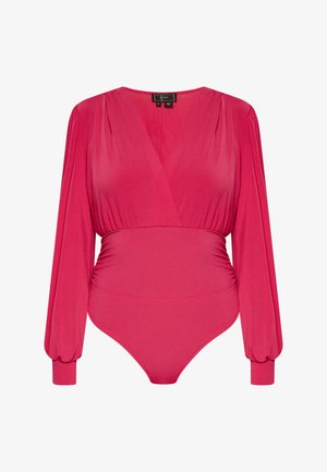Fuksijaste dolgi rokav bodysuit z globokim V-izreza in zbranim pasom. Gladka, raztegljiva tkanina z nabranimi puff rokavi in oprijet fit.