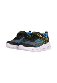 Svarta och blå sportskor med mesh-övre, neongula detaljer, kardborreband och kraftiga vita sulor med luftkammare.