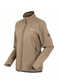 Giacca outdoor marrone chiaro con cerniera integrale, collo alto, tasche laterali con cerniera, bordatura nera e logo "Regatta Great Outdoors" su petto e toppa sulla manica.
