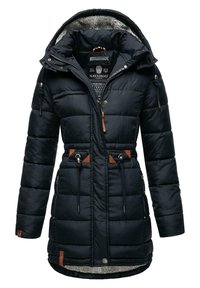 Navy blue puffer coat with a fur-lined hood, adjustable drawstrings, zip pockets, and brown leather accents. Quilted design adds texture.