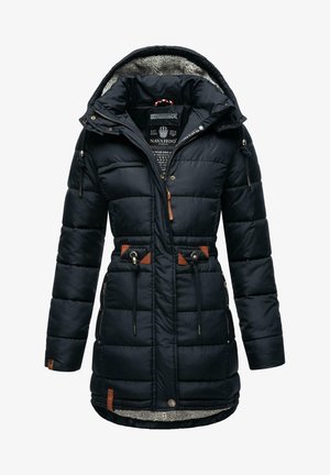 Navy blue puffer coat with a fur-lined hood, adjustable drawstrings, zip pockets, and brown leather accents. Quilted design adds texture.