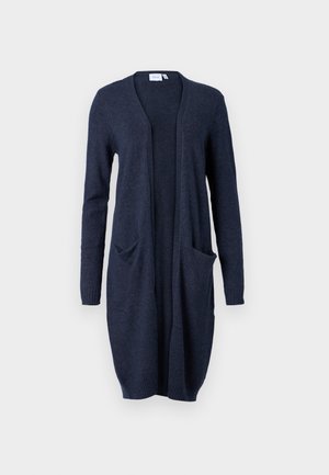 Navy long cardigan made of a textured material with open front, long sleeves, and two front pockets. Ribbed cuffs and hem.