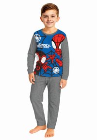 Set di pigiama blu e grigio con grafiche di Spiderman. Maglia a maniche lunghe con personaggi e logo, abbinata a pantaloni grigi. Materiale in cotone.