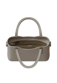 Graue Lederhandtasche mit doppelten Griffen, glatter Textur und einem mit Reißverschluss versehenen Hauptfach. Das Innere hat ein helles Futter.