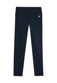 Leggings azul marino confeccionados con tejido elástico, con una cinturilla ancha, textura suave y un pequeño logo en el lado izquierdo.