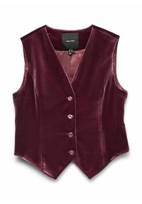 Burgundijas samta žakete ar V veida kakla izgriezumu, bez piedurknēm, ar piecām pogām un gludu oderi eleganta izskata nodrošināšanai.