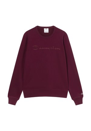 Bordeaux sweatshirt met een ronde hals, voorzien van een geborduurd "Champion" logo in bijpassende kleur, ribgebreide manchetten en zoom. Zachte stoftextuur.