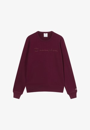 Bordeaux sweatshirt met een ronde hals, voorzien van een geborduurd "Champion" logo in bijpassende kleur, ribgebreide manchetten en zoom. Zachte stoftextuur.