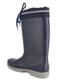 Marine rubberlaars met een gestructureerde afwerking en een lichtgrijze zool. Beschikt over een trekkoord aan de bovenkant en een glad, gestroomlijnd ontwerp.