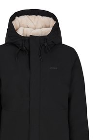 Veste à capuche noire avec une doublure beige douce, dotée de cordons de serrage ajustables, d'une fermeture éclair et d'un logo minimaliste. Texture extérieure lisse.