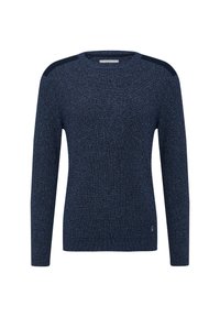 Marineblauer Strickpullover mit langen Ärmeln, strukturiertem Stoff und kontrastierenden Schulterakzenten. Klassisches Rundhalsdesign.