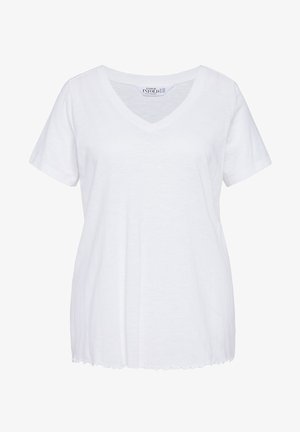 Weißes Kurzarm-T-Shirt aus weicher Baumwolle mit V-Ausschnitt und leicht gewelltem Saum. Keine Muster oder zusätzlichen Akzente.