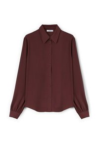 Burgundowa, długosleeve koszula z guzikami, z klasycznym kołnierzykiem, miękkiej tkaniny i elastycznymi mankietami, o nieco luźnym kroju.
