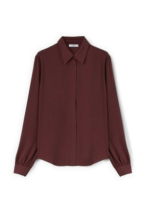 Burgundowa, długosleeve koszula z guzikami, z klasycznym kołnierzykiem, miękkiej tkaniny i elastycznymi mankietami, o nieco luźnym kroju.