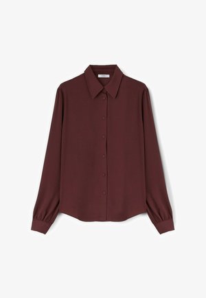 Burgundská košile s dlouhým rukávem a knoflíkovým zapínáním, s klasickým límcem, měkkou tkaninou a elastickými manžetami v mírně volném střihu.