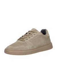 Beige sneaker met een gestructureerde suede en mesh bovenkant, met een ronde neus, platte veters en een rubberen zool. Gevoerde binnenkant voor comfort.
