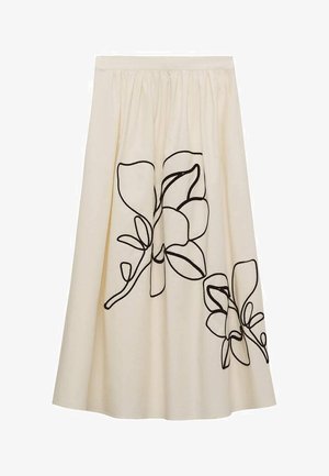 Cremefarbener Rock mit schwarzer Blumenstickerei, ausgestattet mit einem gerafften Bund und fließendem Design, aus einem leichten Stoff gefertigt.