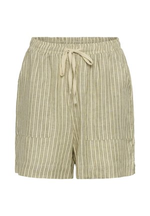 Beige and light gray vertical striped casual shorts with elastic waistband, front drawstring, and two front pockets.