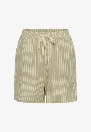 Volnočasové šortky s vertikálními pruhy v béžové a světle šedé barvě, s elastickým pasem, předním šňůrkováním a dvěma předními kapsami.