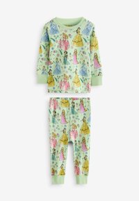 Set of green pajamas featuring long-sleeve top and pants, decorated with colorful princess illustrations and floral patterns.