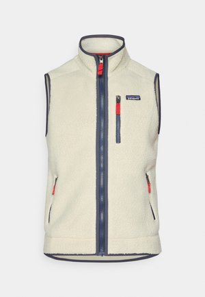 Gilet en polaire crème avec des accents navy, col montant, fermeture éclair sur toute la longueur à l'avant et deux poches latérales ; présente un petit écusson de marque sur la poitrine.