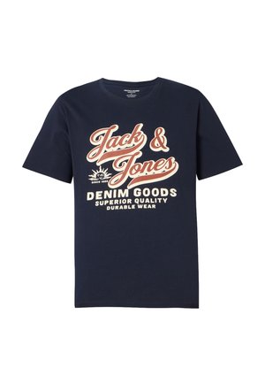 Navy blue cotton t-shirt featuring large white and beige text. Text reads "Jack & Jones Denim Goods Superior Quality Durable Wear."