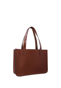 Borsa a mano in pelle marrone con doppi manici e forma rettangolare, mostrata su sfondo bianco.