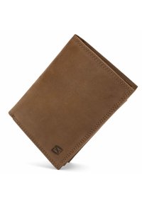 Brown leather wallet featuring a minimalist design, rectangular shape, textured surface, and subtle stitching with an embossed logo detail.