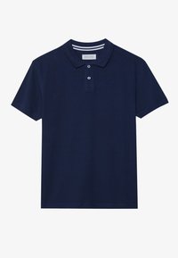 Navy blue polo shirt with a two-button placket, short sleeves, and a ribbed collar featuring white stripes. Made from cotton material.