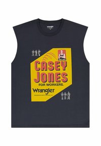 Svart ärmlös t-shirt med en gul och röd grafik med texten "CASEY JONES FÖR ARBETARE" och små illustrationer av arbetare. Tillverkad av bomull.