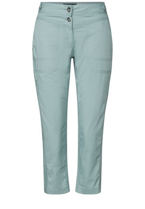 Light blue cropped pants with a smooth texture, featuring two front pockets, double button closure, and seams along the legs.