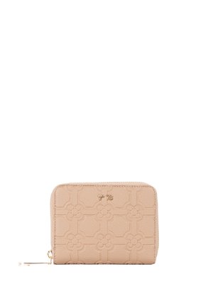 Portafoglio beige con cerniera su tutto il perimetro, motivo geometrico floreale in rilievo e piccolo logo dorato "V° 73" sul davanti.