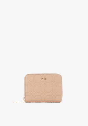 Portafoglio beige con cerniera su tutto il perimetro, motivo geometrico floreale in rilievo e piccolo logo dorato "V° 73" sul davanti.