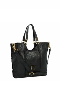 Borsa tote in pelle nera con design morbido, dettagli in metallo dorato, doppio manico e tracolla rimovibile. Dettaglio borchiato sulla parte anteriore.