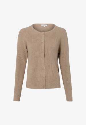 Beige gebreid vest met lange mouwen, ronde halslijn en zeven knopen aan de voorkant, gelabeld als maat small door Marie Lund Copenhagen.