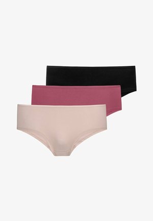 Trois paires de culottes pour femmes dans des couleurs différentes : nude, bordeaux et noir. Fabriquées en tissu lisse et extensible avec une ceinture.