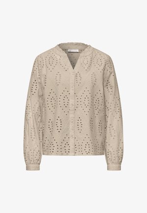 Beige Bluse mit langen Ärmeln, Knopfleiste vorne, Lochmuster und kleinem Rüschenkragen.