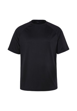 Mustat lyhythihaiset urheilupaidat kosteutta siirtävästä kankaasta, jossa on pyöreä pääntie ja raglan-hihat liikkumisen vapauden takaamiseksi.