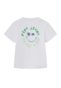 Camiseta blanca de manga corta con texto en verde y azul que dice “PEPE JEANS DISFRUTA LA VIDA” acompañado de una cara sonriente y acentos de flores.