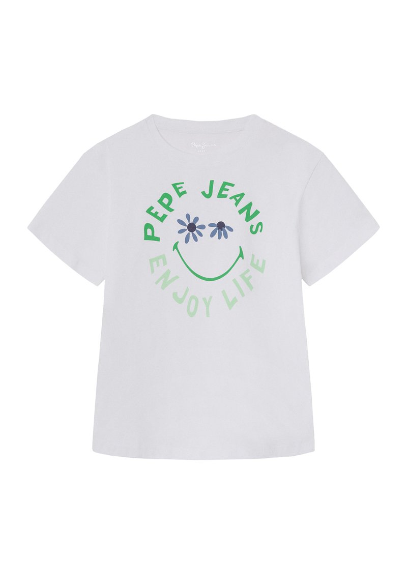 Camiseta blanca de manga corta con texto en verde y azul que dice “PEPE JEANS DISFRUTA LA VIDA” acompañado de una cara sonriente y acentos de flores.