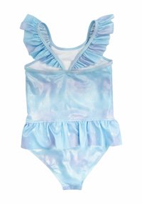 Costume da bagno azzurro chiaro con spalline arricciate e orlo a peplo. Realizzato in materiale lucido con una leggera sfumatura e motivi a stella.