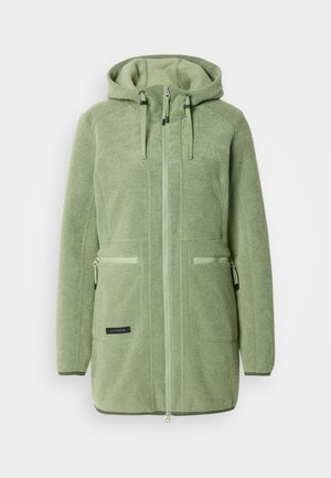 Světlounce zelená fleecová bunda s kapucí, plným předním zipem, dvěma předními kapsami na zip a černými kovovými doplňky. Měkká, texturovaná látka.