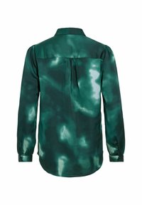 Zelena svila košulja s uzorkom tie-dye, dugim rukavima, dugmadima na manžetama, klasičnom kragnom i naborima na leđima.