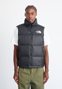 Black puffy vest with high collar, front zipper, and embroidered logo. Worn over a white shirt, paired with olive green pants.