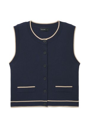 Gilet sans manches bleu marine à fermeture boutonnée avec bordure beige autour de l'encolure, des emmanchures, des poches et de l'ourlet, doté de deux poches devant.