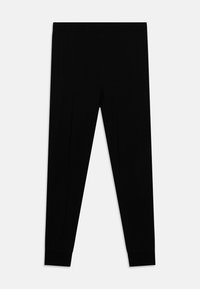 Schwarze Leggings aus einem glatten, elastischen Material. Sie verfügen über einen elastischen Bund und schmal zulaufende Bündchen, ohne sichtbare Muster oder Grafiken.