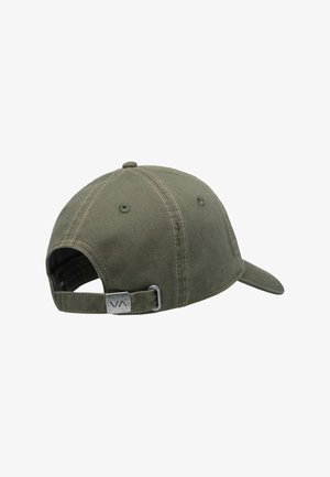 Olive green cap with a structured design, curved brim, adjustable strap featuring a metal clasp, and logo detail on the back.