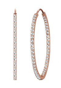 Roséguld hängande örhängen med en smal design, som har en rad klara, runda rhinestones längs den yttre kanten och en slät yta.