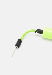 Green plastic tool with a curved, textured black grip, featuring a metallic pointed tip and a flexible green cord attachment.